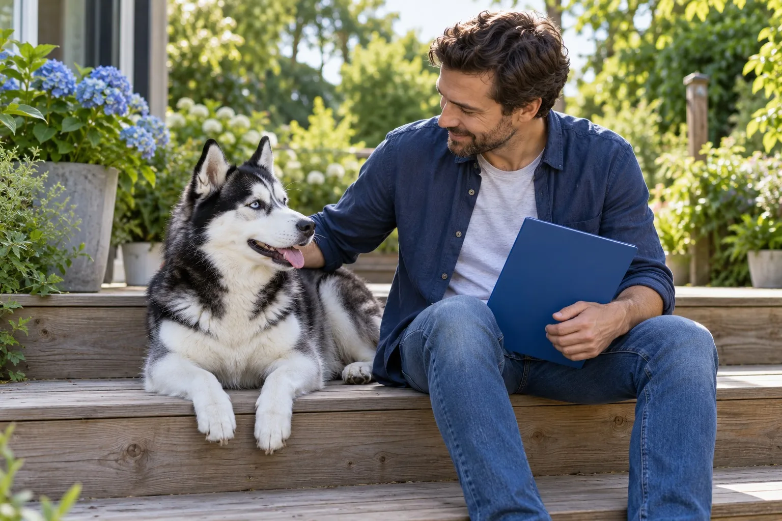 Owner seated outdoors beside a dog while holding a folder