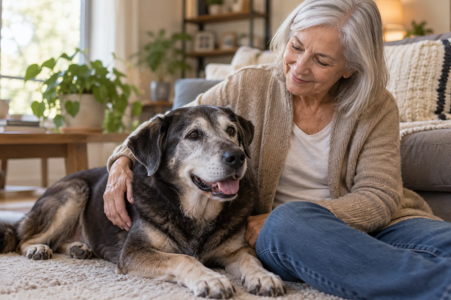Owner seated with a dog at home